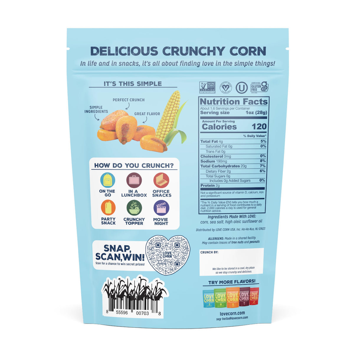 LOVE CORN Sea Salt Roasted Crunchy Corn, 4 oz (Case of 6)