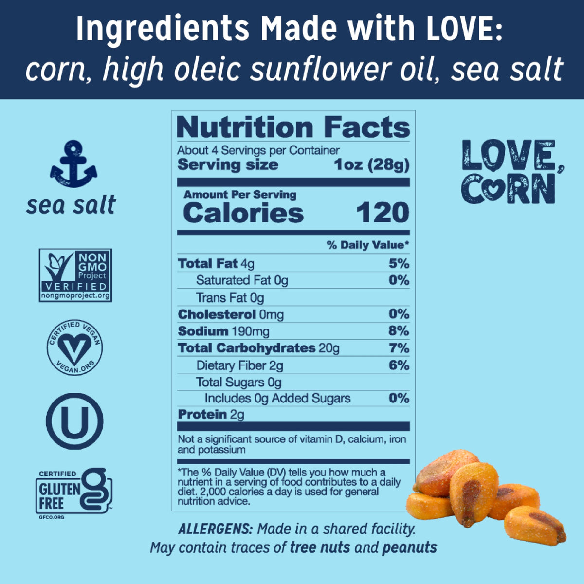 LOVE CORN Sea Salt Roasted Crunchy Corn, 4 oz (Case of 6)