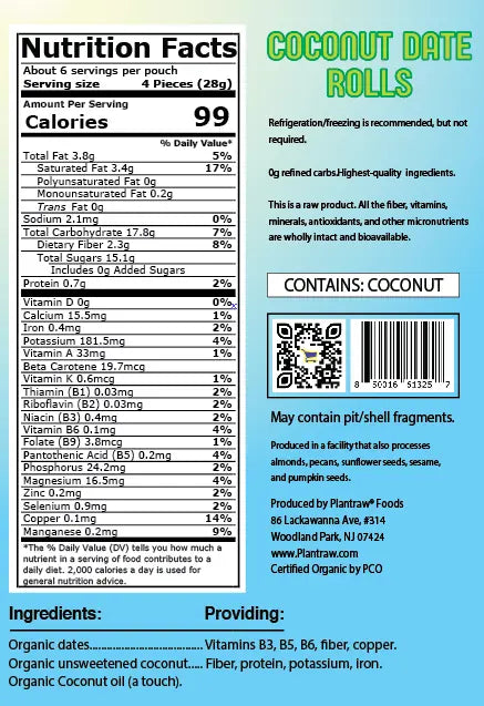 Coconut-Date Rolls - Original (7oz) - 0g refined carbs. Gluten free, Raw, vegan, organic, paleo friendly.