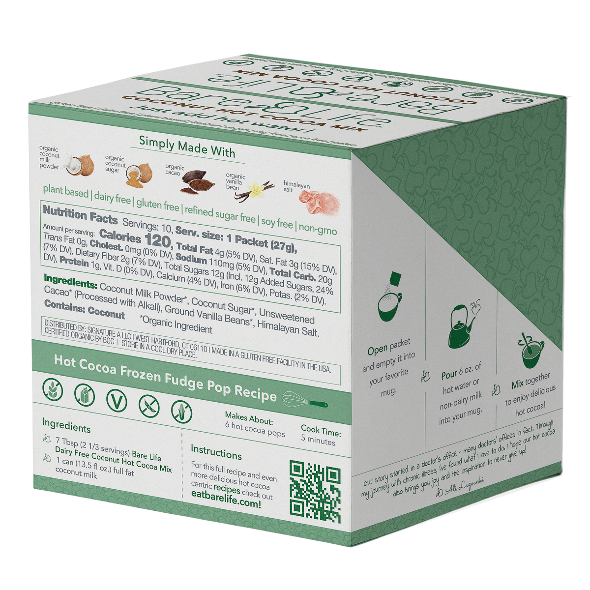 Instant Dairy Free Coconut Hot Cocoa Mix | Single Serving 10 Pack |Gluten Free, Vegan and Organic — back label, photo 3