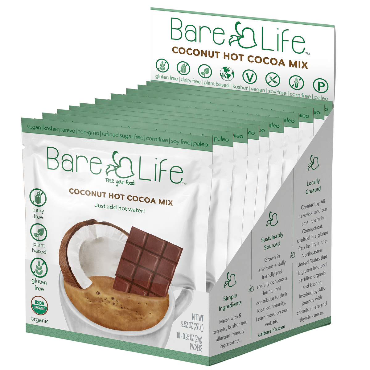 Instant Dairy Free Coconut Hot Cocoa Mix | Single Serving 10 Pack |Gluten Free, Vegan and Organic — front label, photo 1