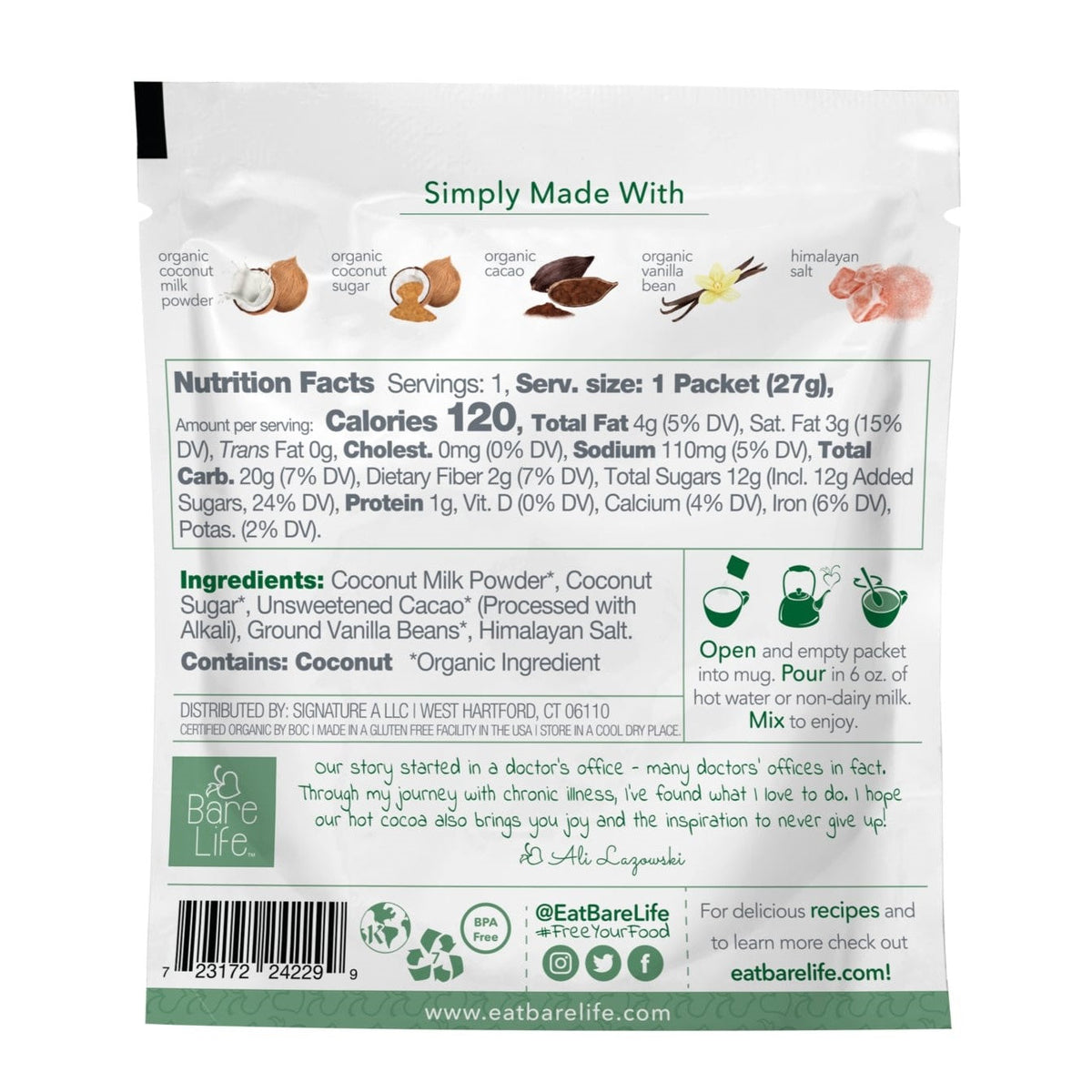 Instant Dairy Free Coconut Hot Cocoa Mix | Single Serving 10 Pack |Gluten Free, Vegan and Organic — back label, photo 8
