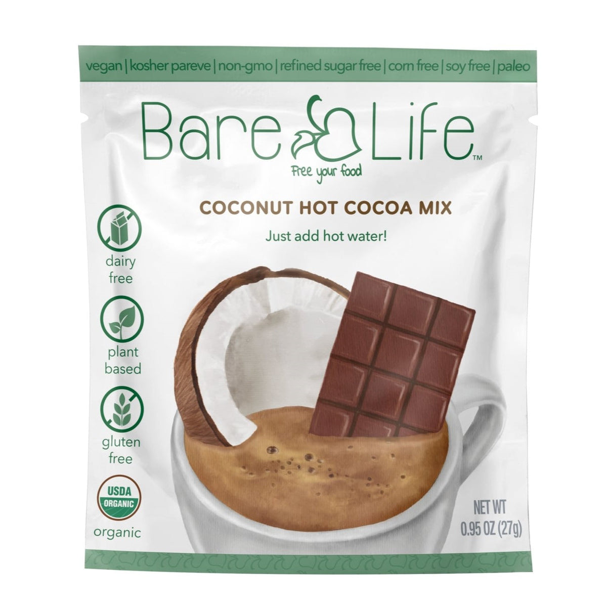 Instant Dairy Free Coconut Hot Cocoa Mix | Single Serving 10 Pack |Gluten Free, Vegan and Organic — front label, photo 5