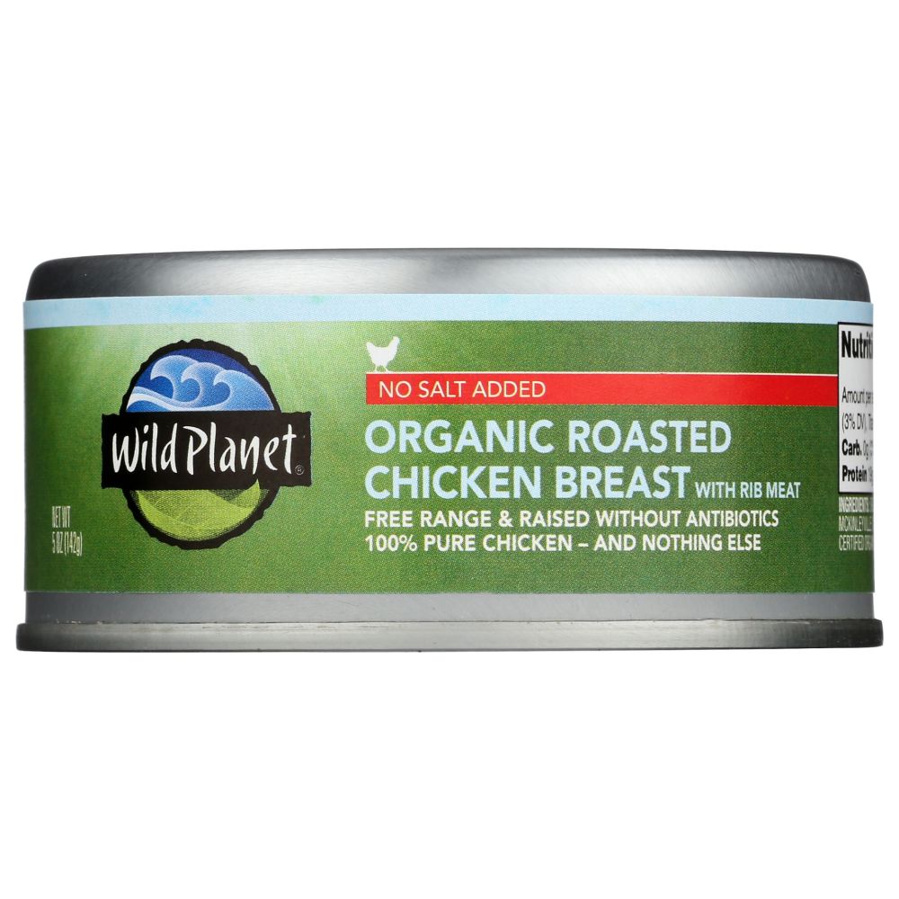 WILD PLANET: Organic Roasted Chicken Breast With Rib Meat No Salt Added, 5 oz — front label, photo 1
